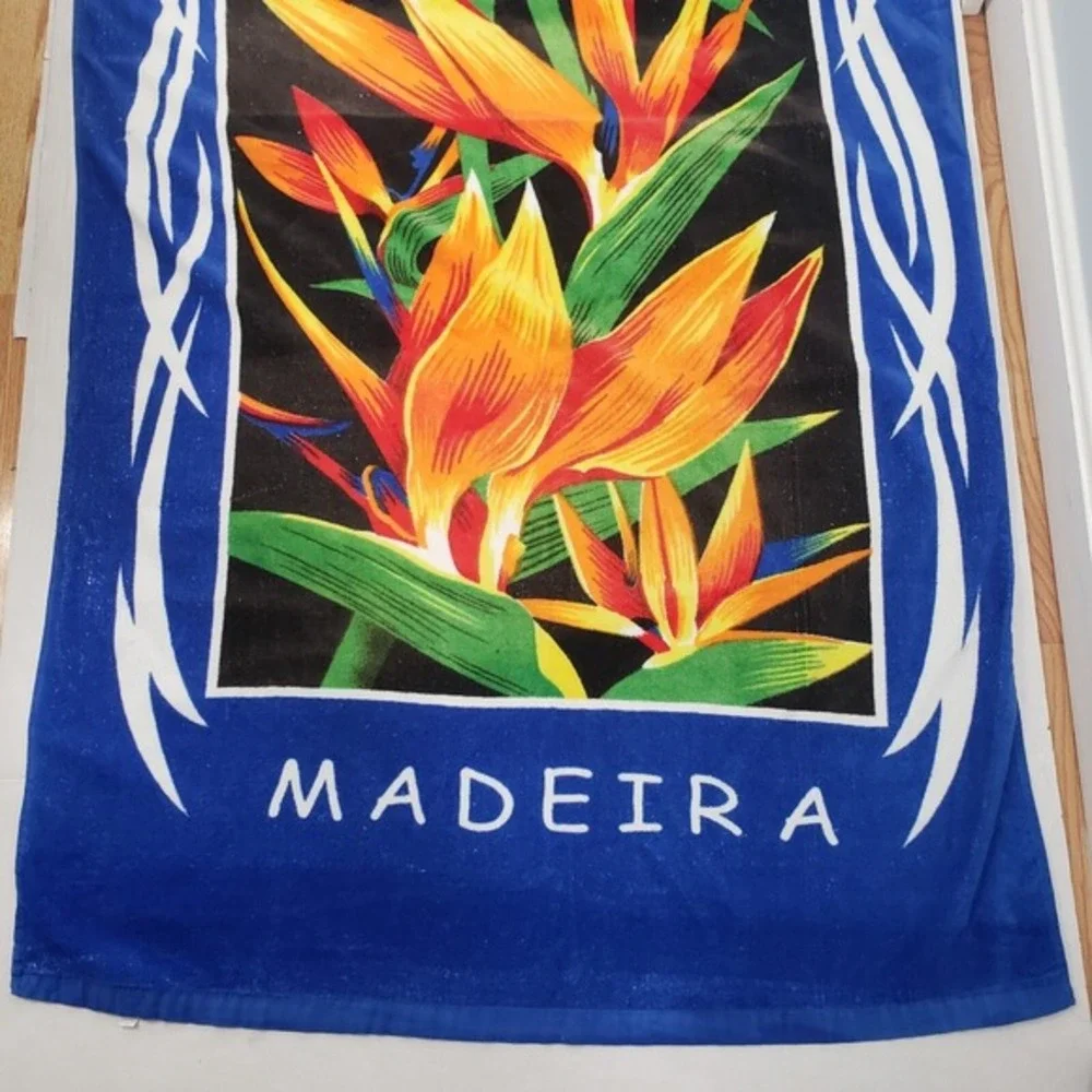 Vintage Madeira Beach Towel Bird of Paradise Tropical Tribal Floral Blue 90s Y2K